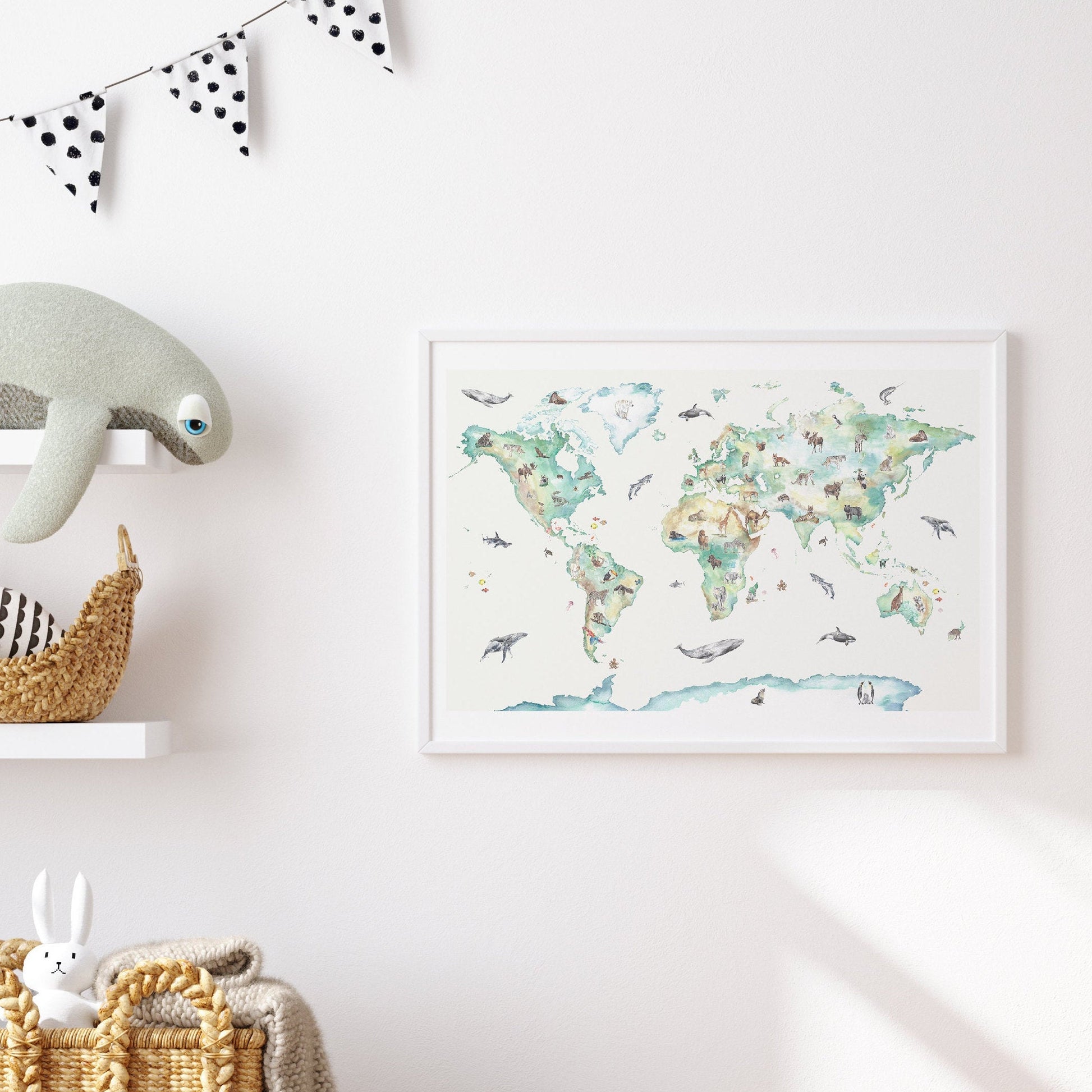 Hand-painted wildlife world map print for children