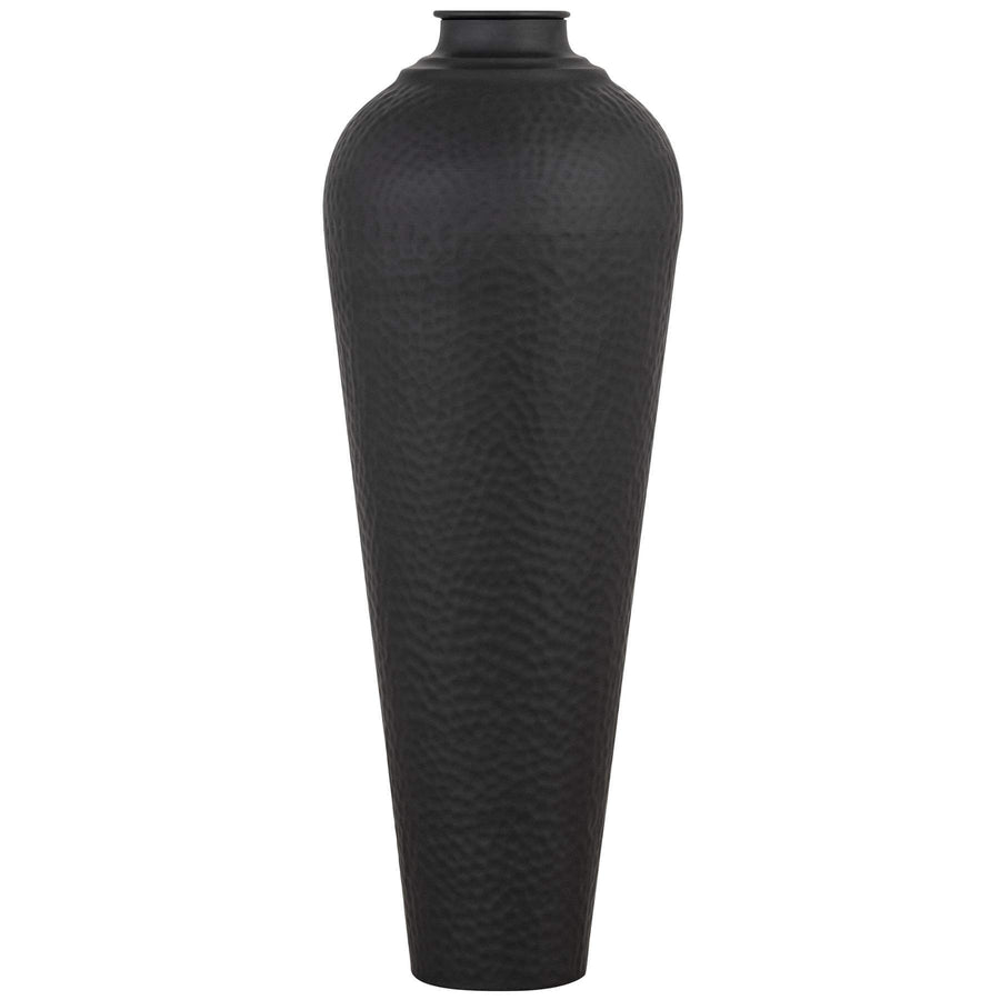 Matt black hammered steel vase, artisan-crafted with textured finish, modern floor decor for floral displays. by Sostter at brixbailey.com