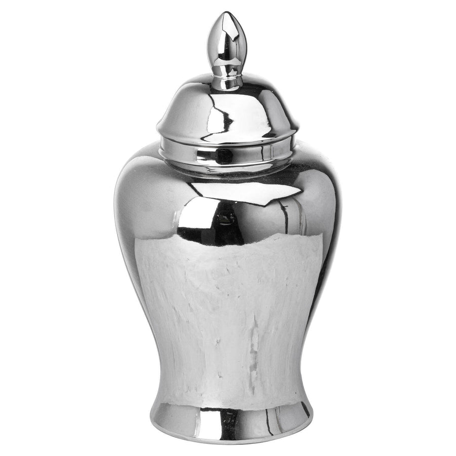 Handcrafted chrome ginger jar with lustrous silver glaze, ceramic home decor piece, 28cm tall by Sostter at brixbailey.com