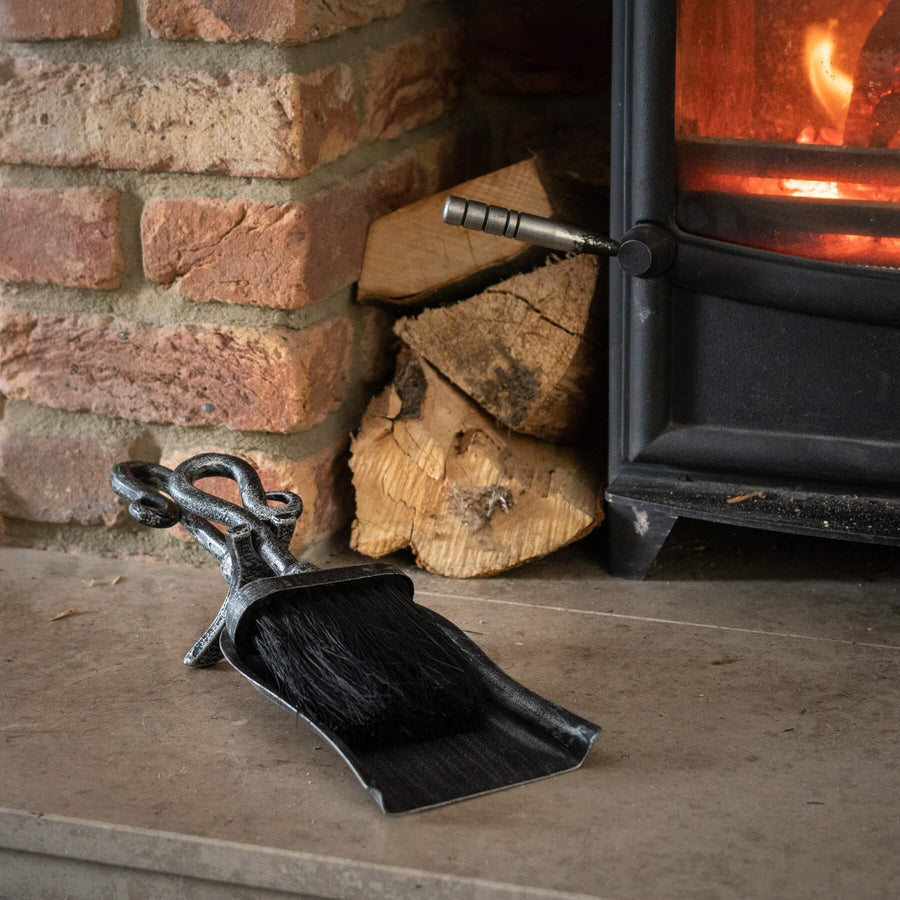Silver brushed steel crook top hearth tidy set with black finish for fireplace by Sostter at brixbailey.com