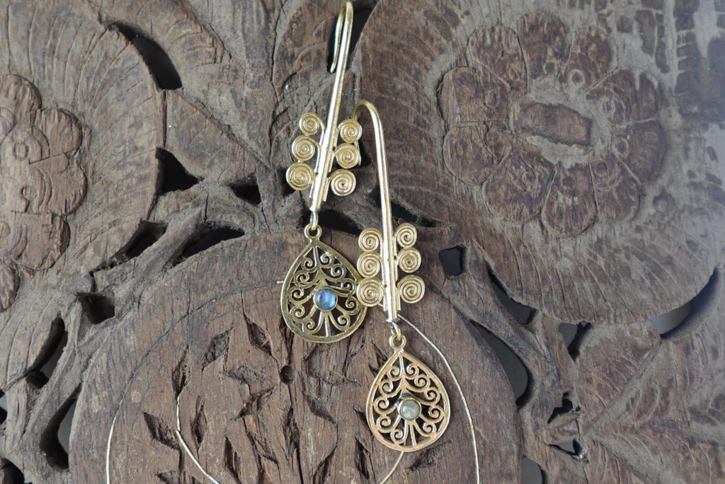 Temple Bloom Filigree Drops- Mandala-Inspired Brass Earrings with Spiral & Gem Detailing.