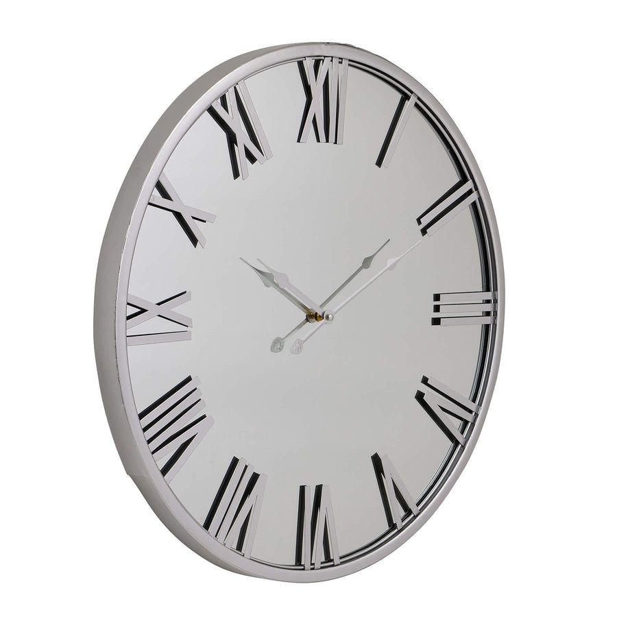 Silver Mayer mirrored wall clock with Roman numerals, 80cm diameter, enhances light and space in modern interiors by Sostter at brixbailey.com