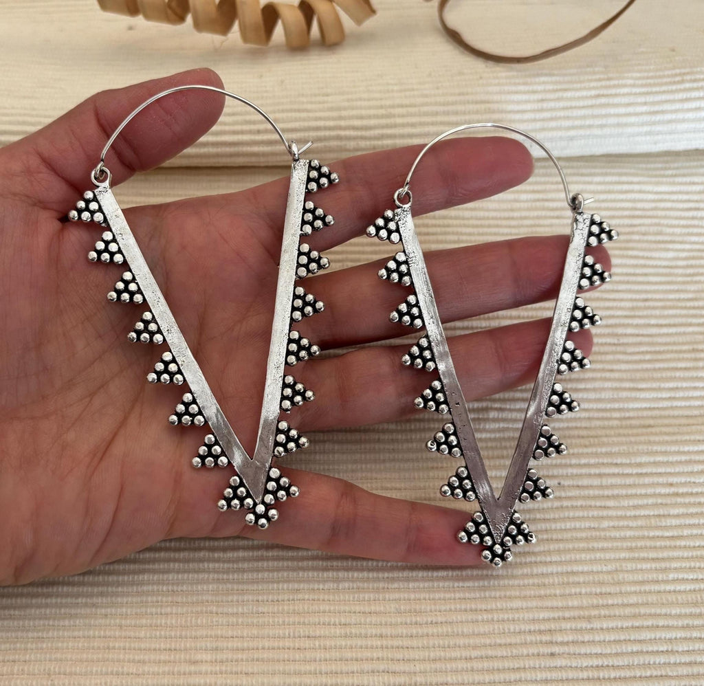 Zahara Spike Hoops - Edgy Brass Triangle Hoops with Boho Desert Vibes.