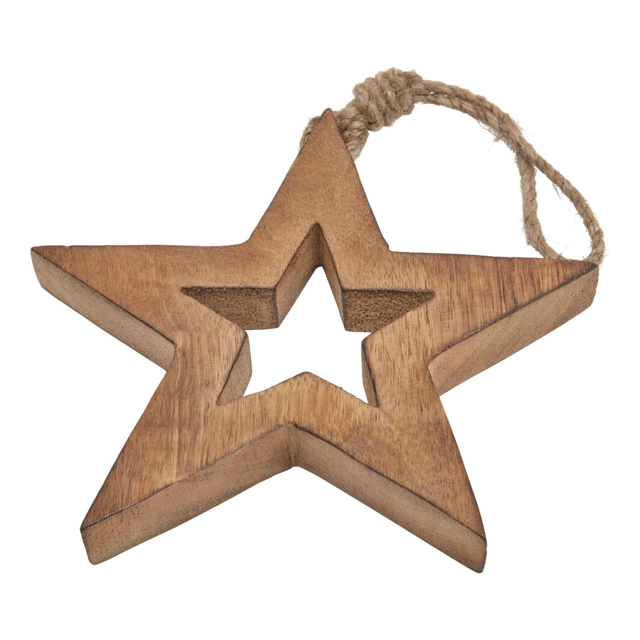 Handcrafted natural wooden hanging star decor with intricate detailing, rich brown tones, and openwork design. by Sostter at brixbailey.com