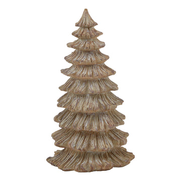 Handcrafted frosted pine tree sculpture in natural brown with delicate winter accents, Scandinavian-inspired resin dÃ©cor. by Sostter at brixbailey.com