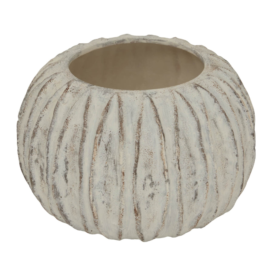 White ceramic sculptural vase with vertical fin detailing, contemporary home decor from the Lorenzo Collection by Sostter at brixbailey.com