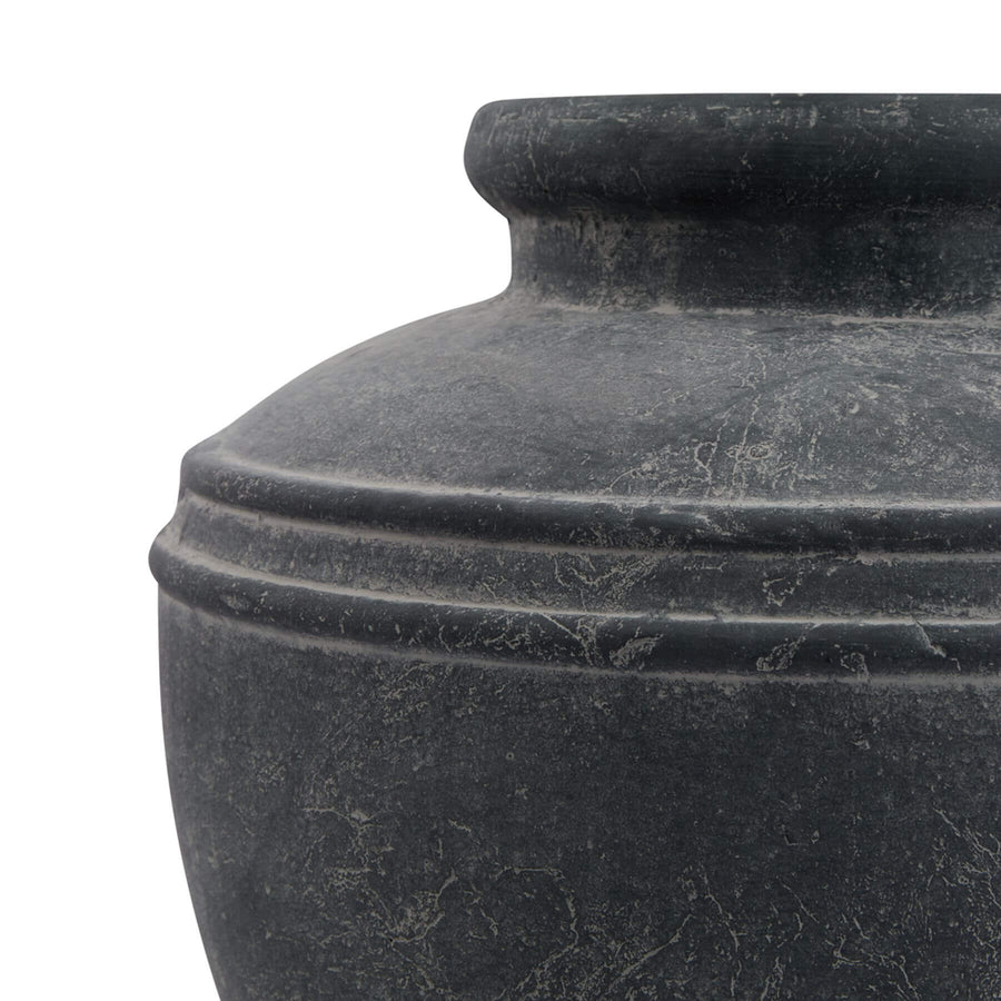 Handcrafted weathered grey ceramic water pot with ribbed detailing, Mediterranean-inspired home decor. by Hill Interiors at brixbailey.com
