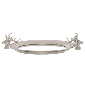 Silver stag head mirror tray with ornate handles for coffee table or vanity, elegant home decor by Sostter at brixbailey.com