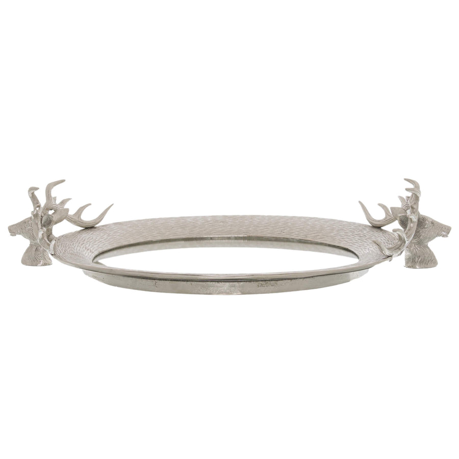 Silver stag head mirror tray with ornate handles for coffee table or vanity, elegant home decor by Sostter at brixbailey.com