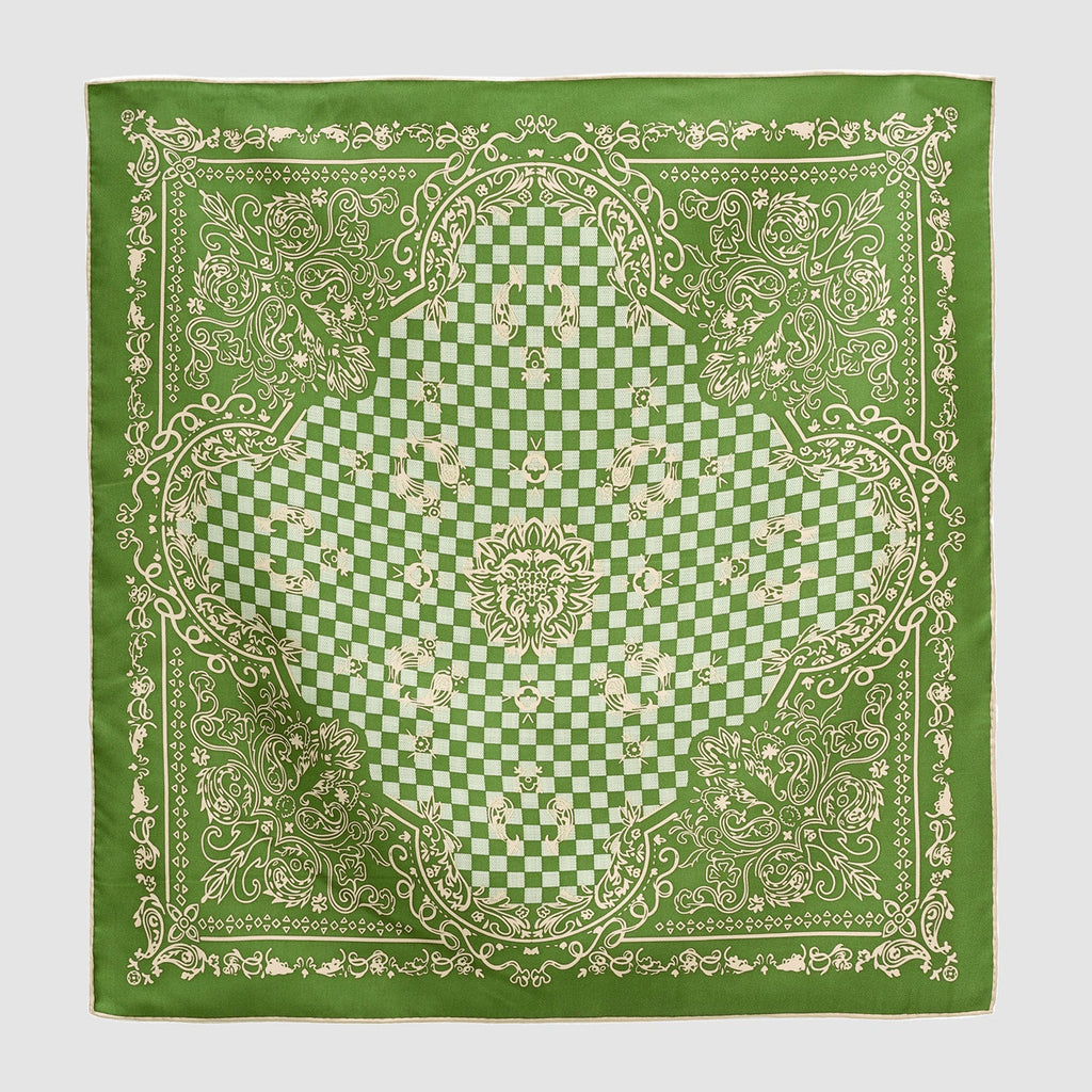 Baroque Check Silk Scarf - 53cm Hand-rolled Women's Bandana Neck Scarf