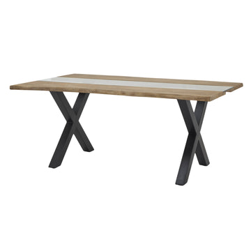 Live edge acacia dining table with natural grain, light finish, and black metal accents in organic modern style. by Sostter at brixbailey.com