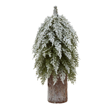Snow-dusted artificial fir tree on natural wood log base, winter decor centerpiece, 30cm height, rustic and elegant by Sostter at brixbailey.com
