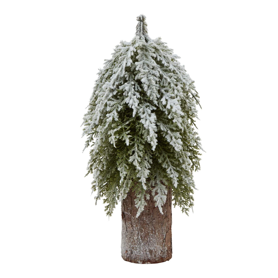Snow-dusted artificial fir tree on natural wood log base, winter decor centerpiece, 30cm height, rustic and elegant by Sostter at brixbailey.com