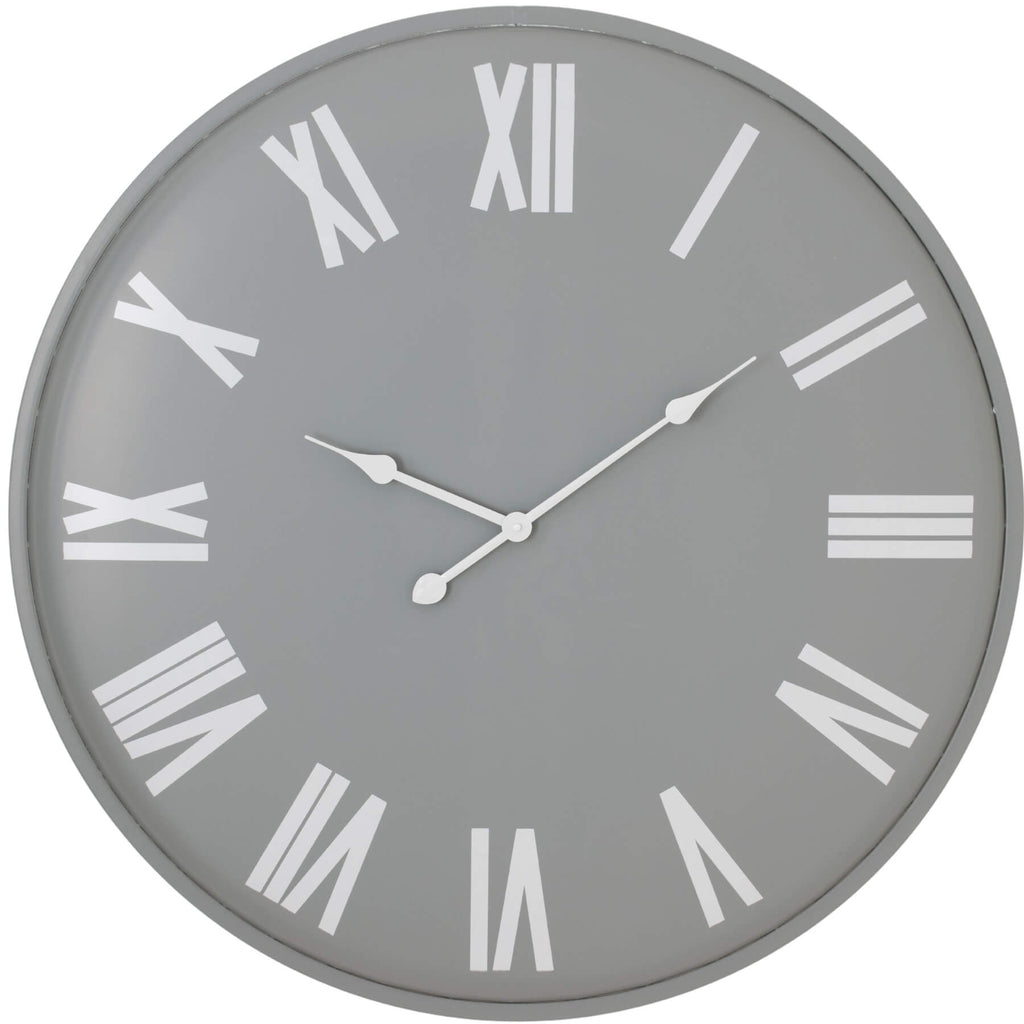Large grey wall clock with white Roman numerals, 80cm Scandinavian design, minimalist metal statement piece for modern interiors by Sostter at brixbailey.com