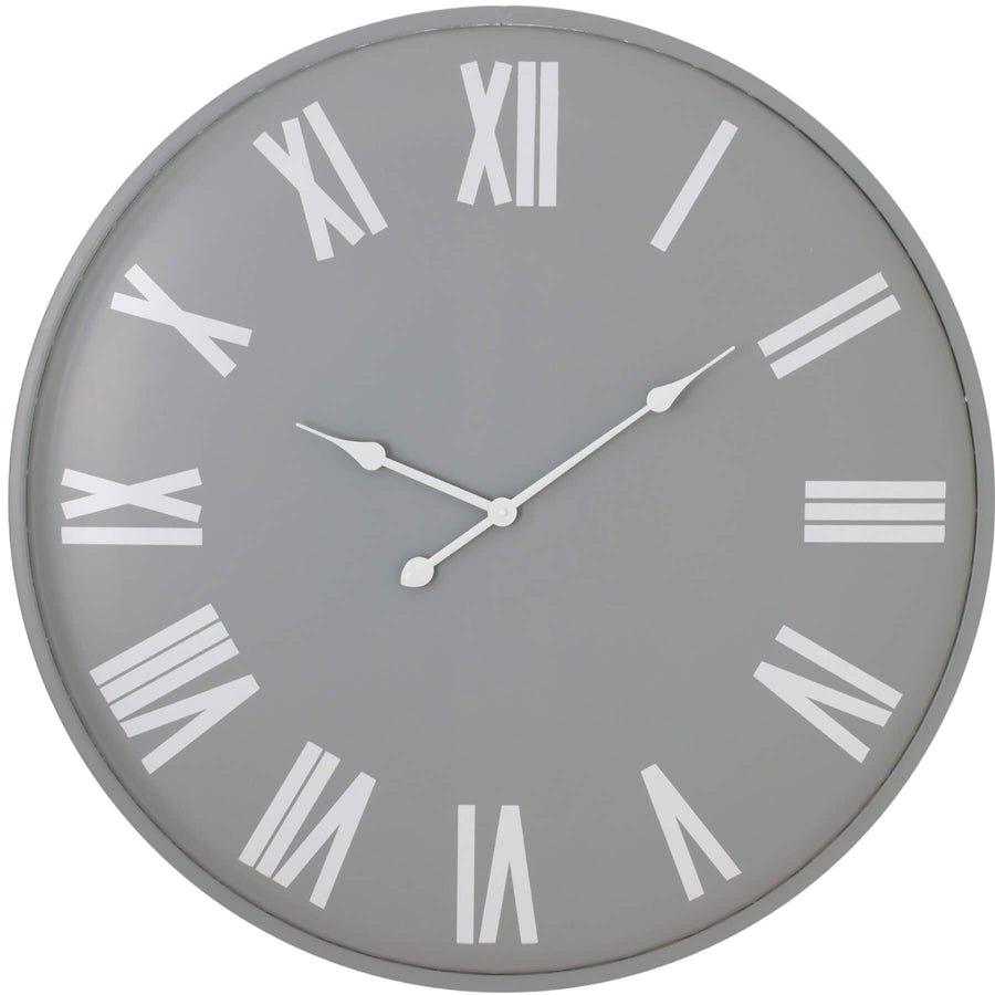 Large grey wall clock with white Roman numerals, 80cm Scandinavian design, minimalist metal statement piece for modern interiors by Sostter at brixbailey.com