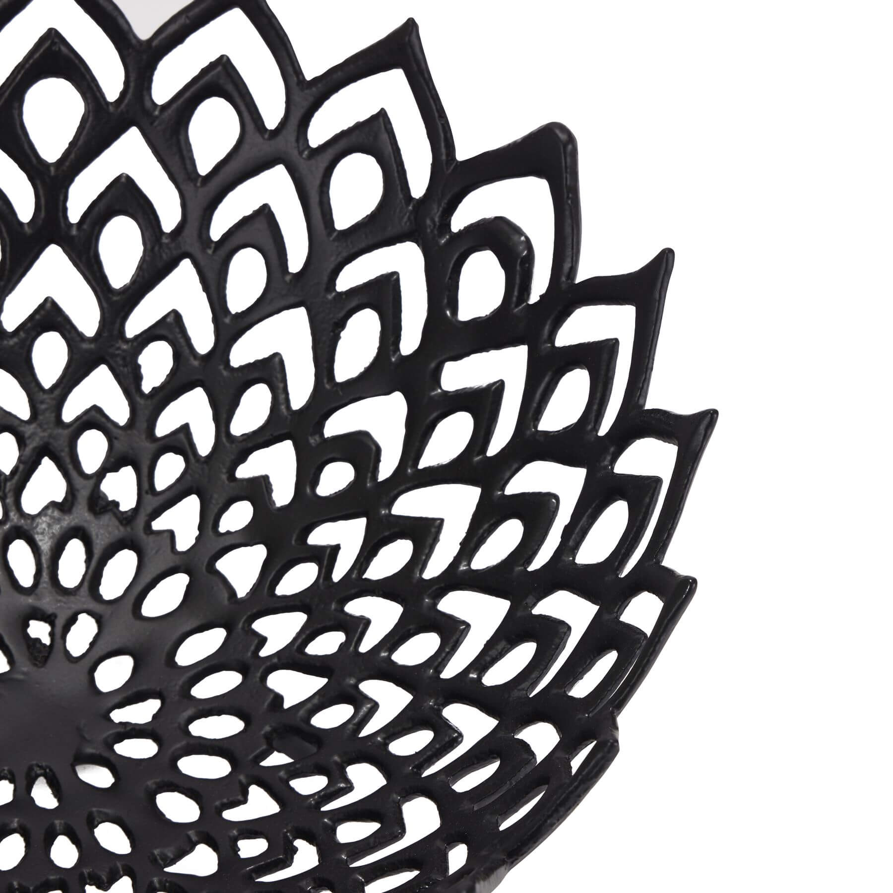 Black perforated steel lattice bowl creating mesmerizing light and shadow patterns, modern home decor centerpiece. by Sostter at brixbailey.com