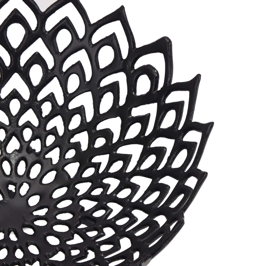 Black perforated steel lattice bowl creating mesmerizing light and shadow patterns, modern home decor centerpiece. by Sostter at brixbailey.com