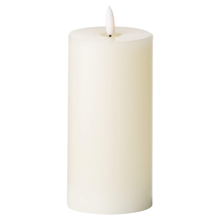 Warm ivory LED flameless candle with realistic flicker, durable plastic, 15cm tall, creates cozy ambiance without flames (124 chars) by Sostter at brixbailey.com