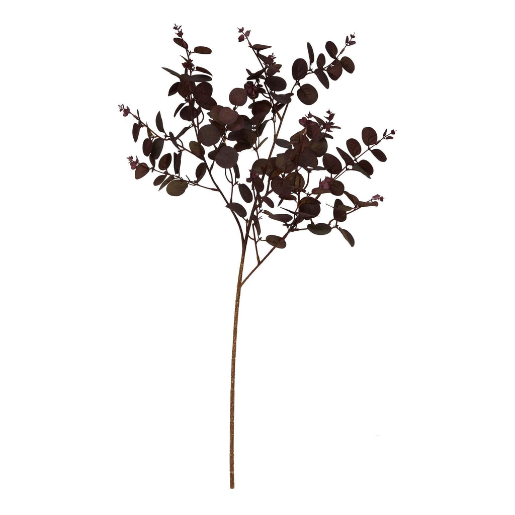Lifelike burgundy artificial eucalyptus stem with sculptural branches, perfect for vases and seasonal decor by sostter at brixbailey.com