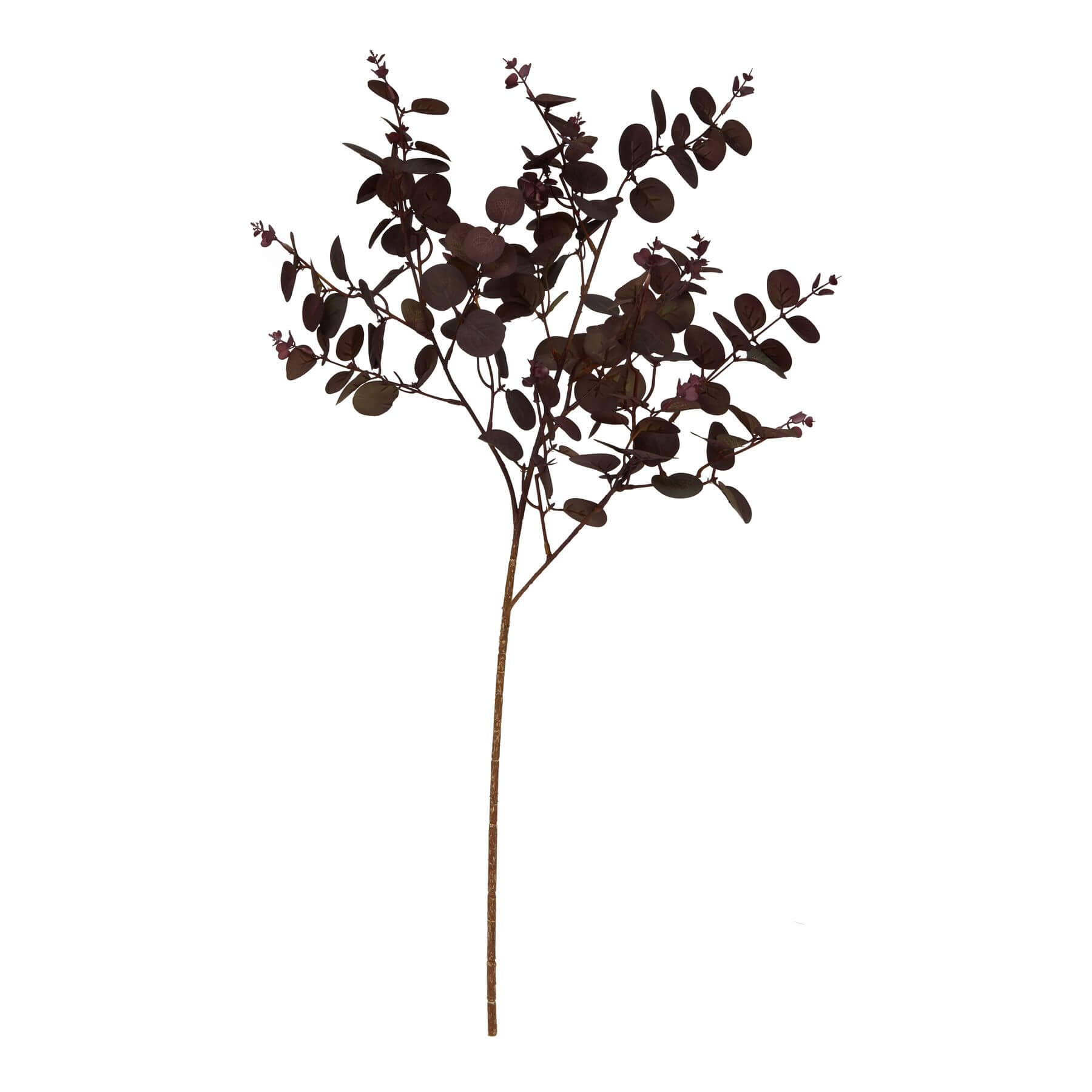 Lifelike burgundy artificial eucalyptus stem with sculptural branches, perfect for vases and seasonal decor by sostter at brixbailey.com