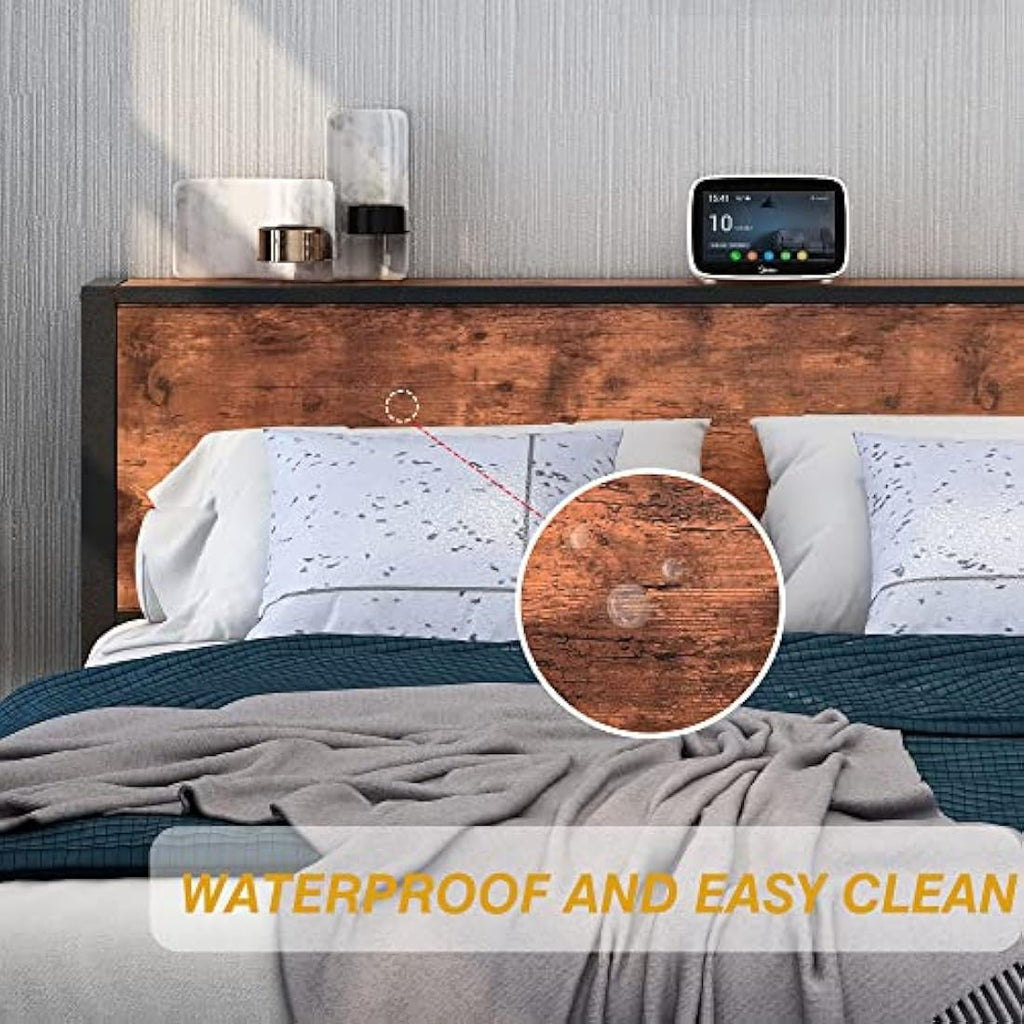 Single Bed Frame with Wooden Storage Headboard Shelf, Metal Frame, Black and Brown Oak