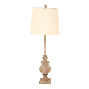 Brown resin candlestick table lamp with linen shade, 80cm tall, for modern or traditional interiors by Sostter at brixbailey.com