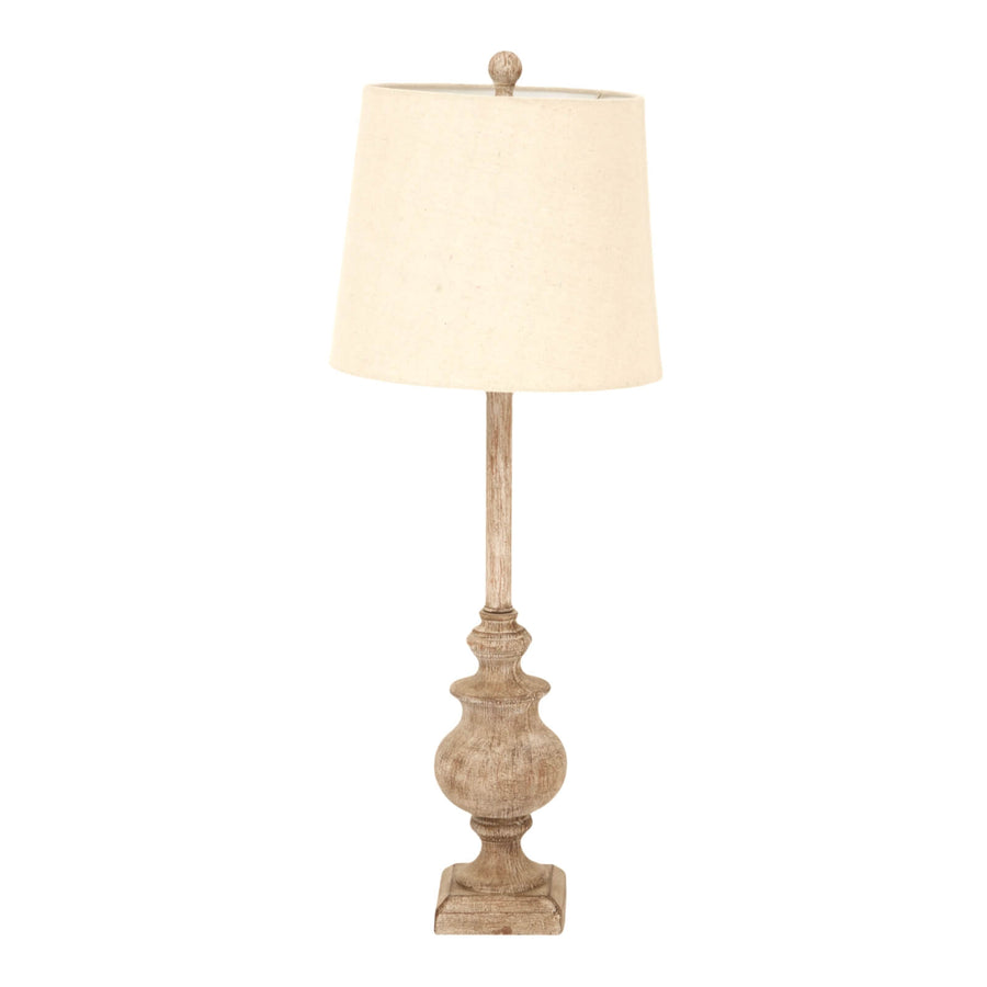 Brown resin candlestick table lamp with linen shade, 80cm tall, for modern or traditional interiors by Sostter at brixbailey.com