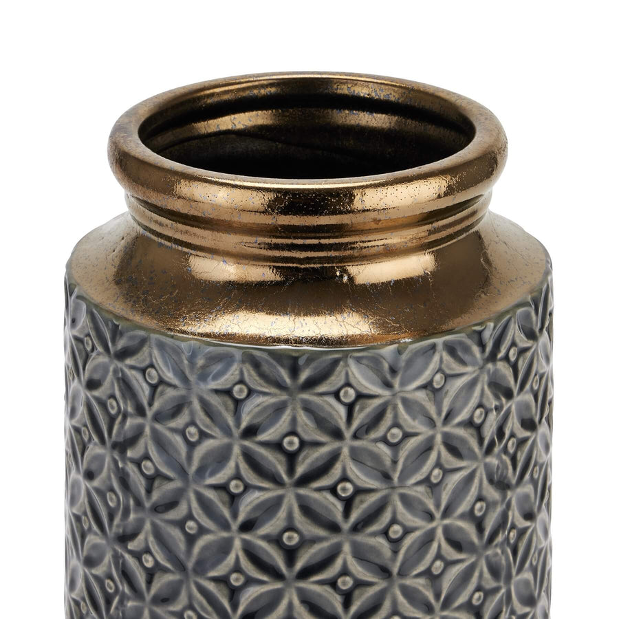 Handcrafted caramel ceramic squat vase with ancient Greek lebes silhouette, textured finish, and wide floral opening. by Sostter at brixbailey.com