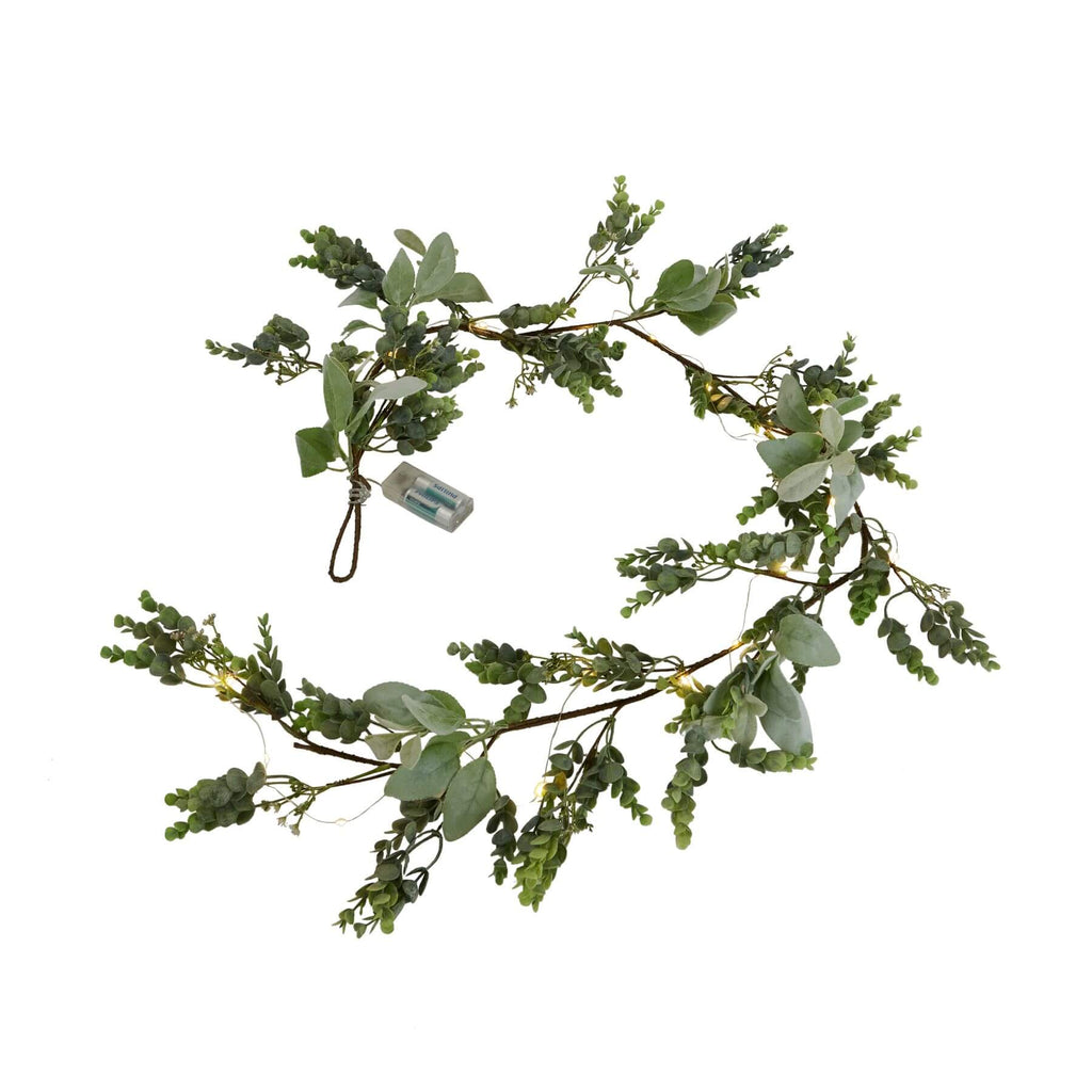 Frosted eucalyptus garland with soft LED lights, silver accents, and lifelike foliage for winter decor, 5 feet long. by Sostter at brixbailey.com