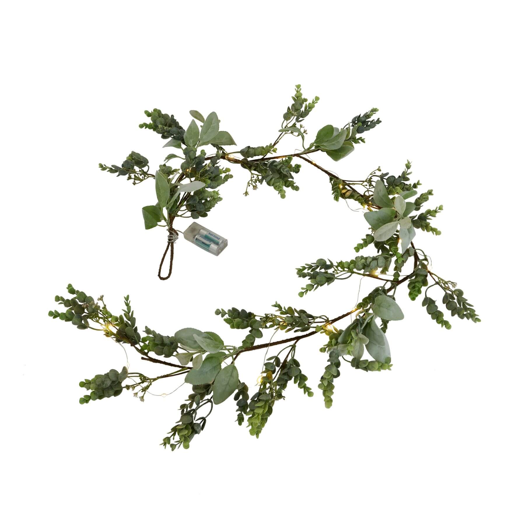 Frosted eucalyptus garland with soft LED lights, silver accents, and lifelike foliage for winter decor, 5 feet long. by Sostter at brixbailey.com