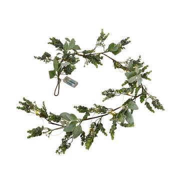 Frosted eucalyptus garland with soft LED lights, silver accents, and lifelike foliage for winter decor, 5 feet long. by Sostter at brixbailey.com