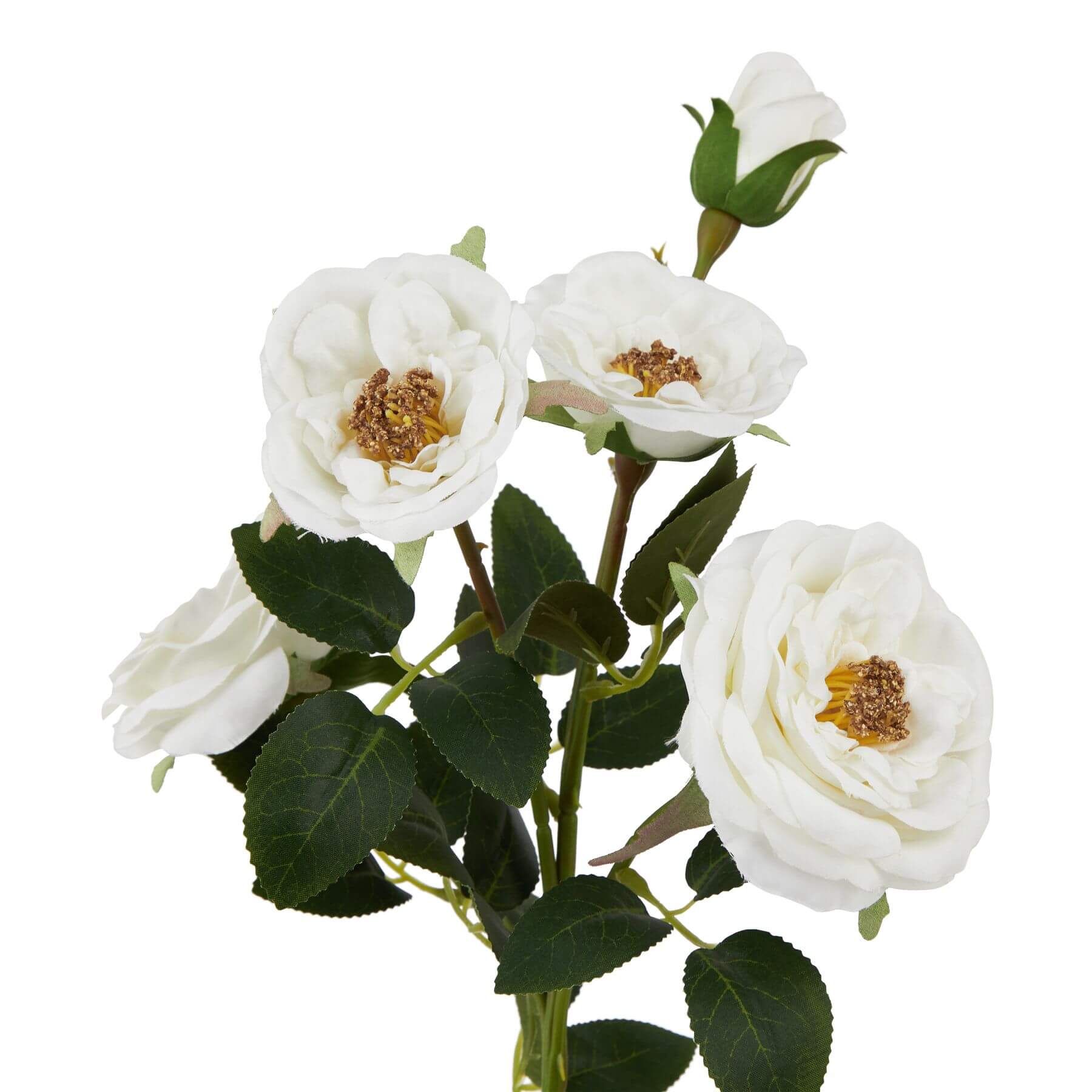 Lifelike white faux hedge rose stems with green foliage for elegant home decor by Sostter at brixbailey.com