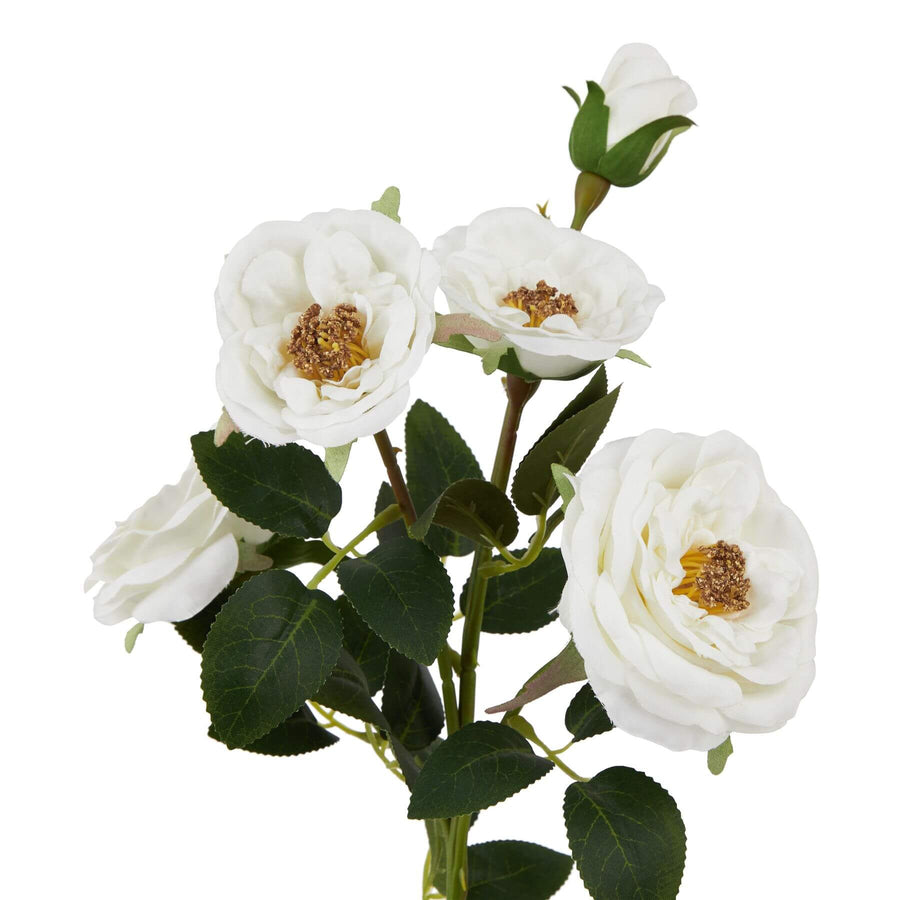 Lifelike white faux hedge rose stems with green foliage for elegant home decor by Sostter at brixbailey.com