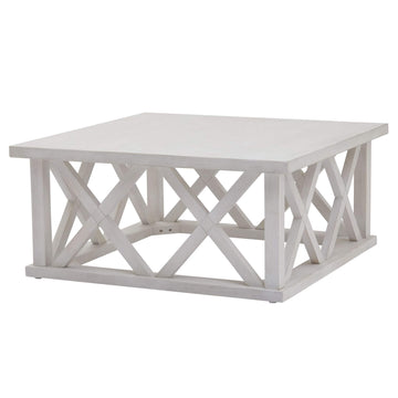 Handcrafted square coffee table with lattice design in distressed white pine, modern farmhouse style, 100cm wide. by Sostter at brixbailey.com