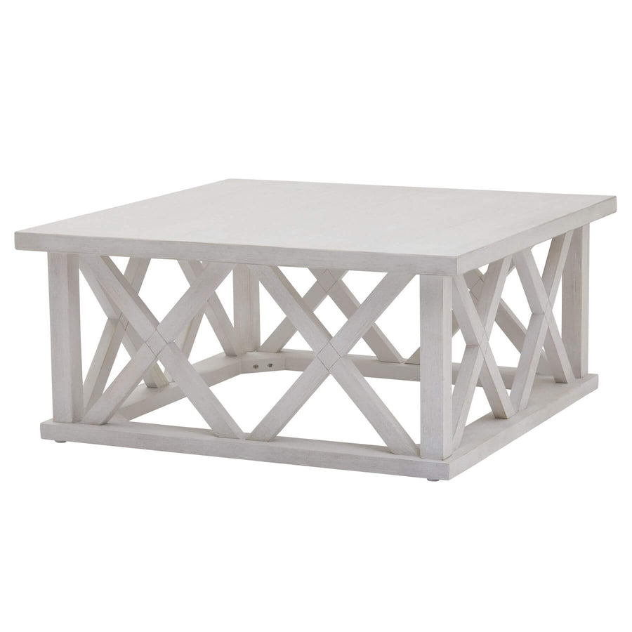 Handcrafted square coffee table with lattice design in distressed white pine, modern farmhouse style, 100cm wide. by Sostter at brixbailey.com