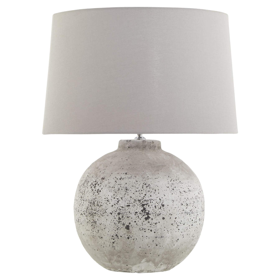 Tiber large stone ceramic lamp with grey fabric shade, artisan speckled texture, and E14 bulb compatibility for ambient lighting. by Sostter at brixbailey.com