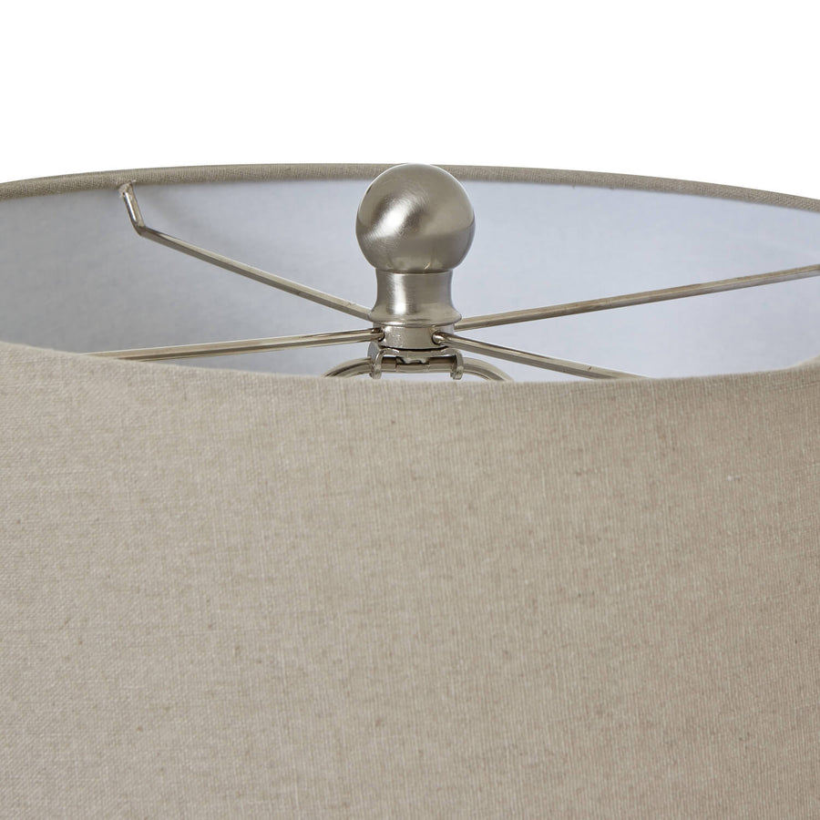 Handcrafted ceramic table lamp with ribbed earthy green base and neutral linen shade, 62cm tall, ambient lighting by Sostter at brixbailey.com