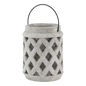 Handcrafted white ceramic stone lattice lantern with geometric patterns, weathered finish, for indoor or outdoor ambiance. by Sostter at brixbailey.com