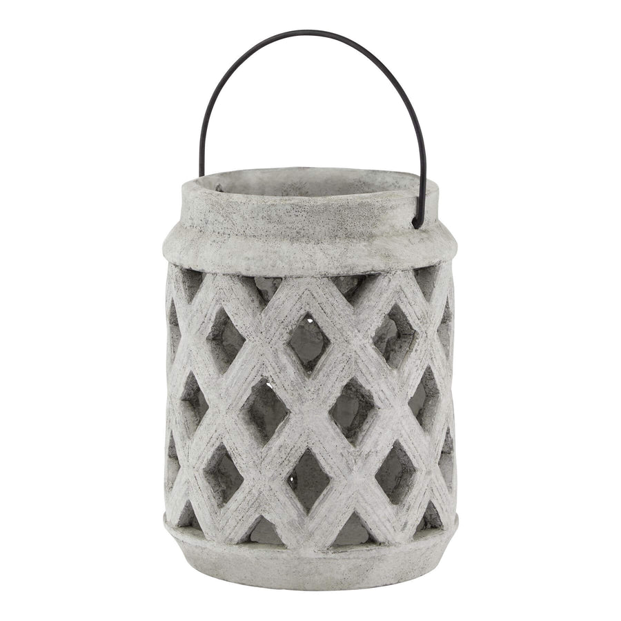 Handcrafted white ceramic stone lattice lantern with geometric patterns, weathered finish, for indoor or outdoor ambiance. by Sostter at brixbailey.com