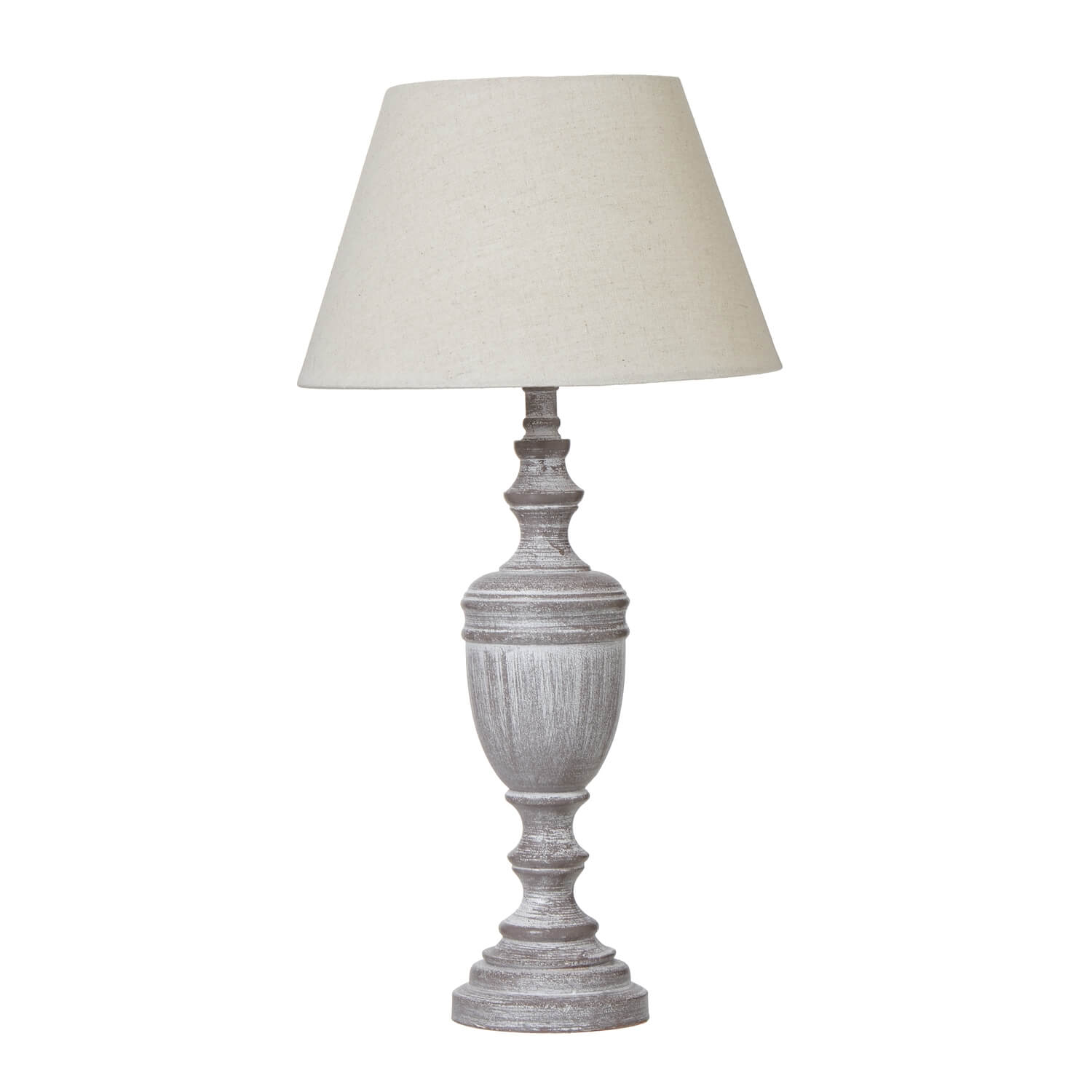 Weathered gray Nola Urn Table Lamp with linen shade, solid wood base, classic modern farmhouse lighting. by Sostter at brixbailey.com