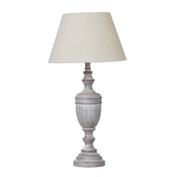 Weathered gray Nola Urn Table Lamp with linen shade, solid wood base, classic modern farmhouse lighting. by Sostter at brixbailey.com