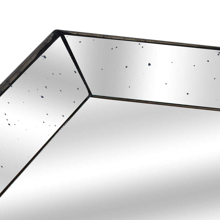 Gold-finished square tray with distressed glass and wooden frame, antique metallic accents for elegant serving or decor. by Sostter at brixbailey.com