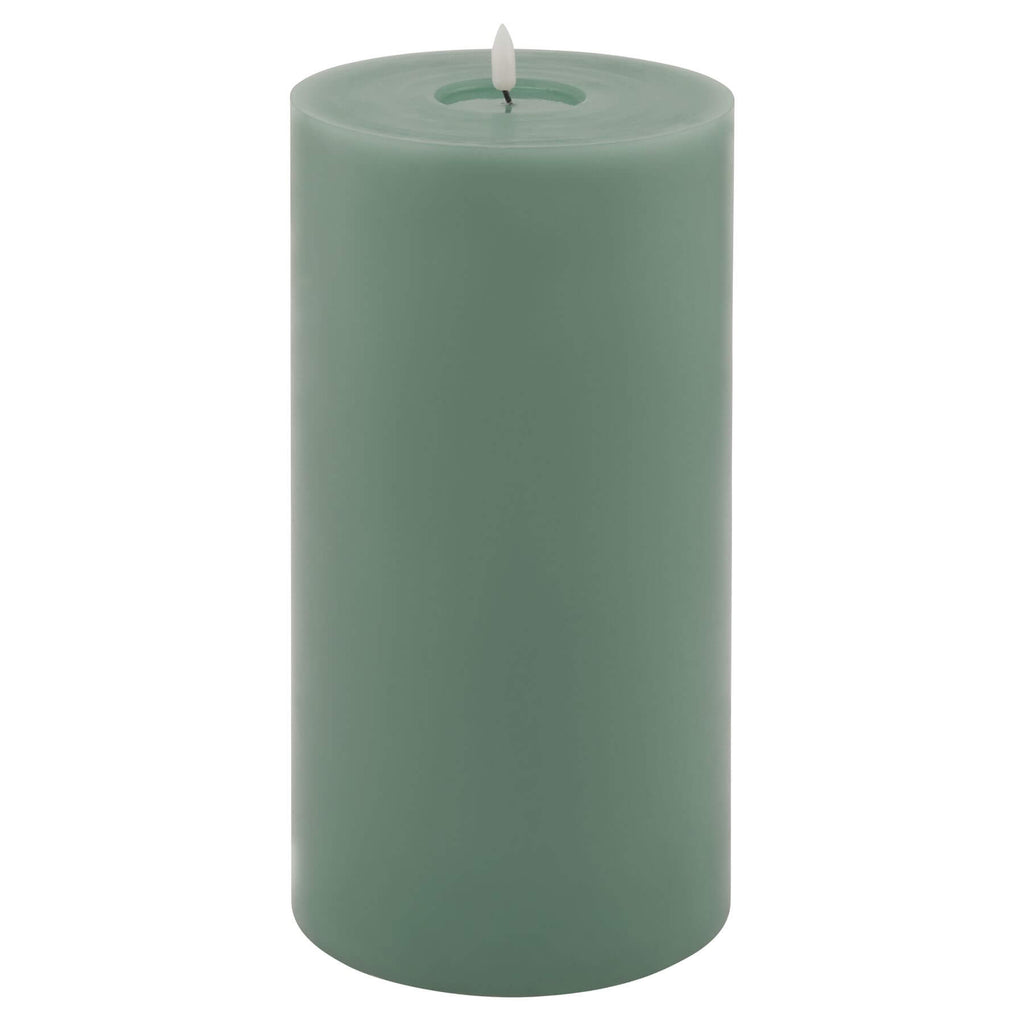 Sage green LED wax candle with realistic melt effect, battery-operated for flameless ambiance. by Sostter at brixbailey.com