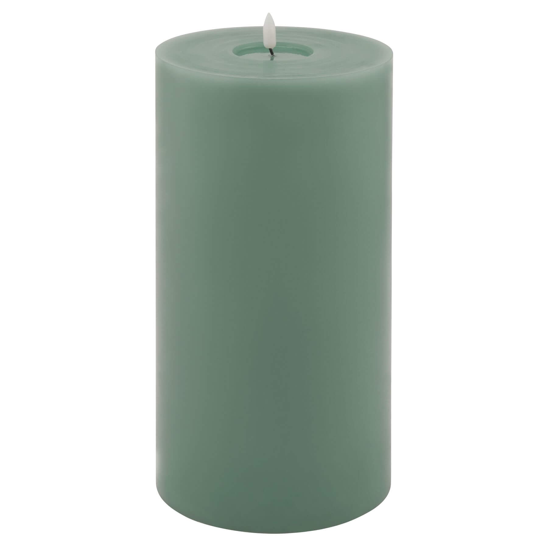 Sage green LED wax candle with realistic melt effect, battery-operated for flameless ambiance. by Sostter at brixbailey.com