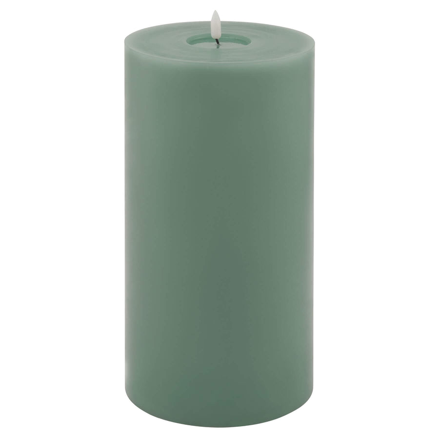 Sage green LED wax candle with realistic melt effect, battery-operated for flameless ambiance. by Sostter at brixbailey.com