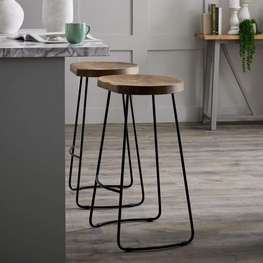Franklin hardwood barstool with metal legs, rich brown seat, industrial design for kitchen islands or home bars by Sostter at brixbailey.com