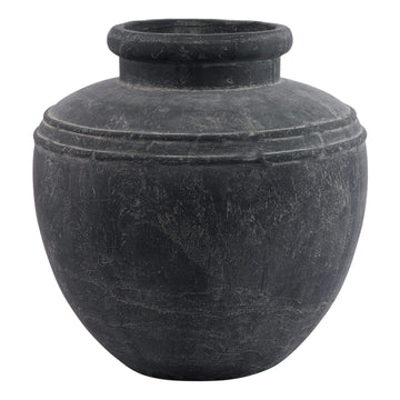 Large grey ceramic water pot with matte finish, rustic Mediterranean design, ideal for floral arrangements, 39cm height.