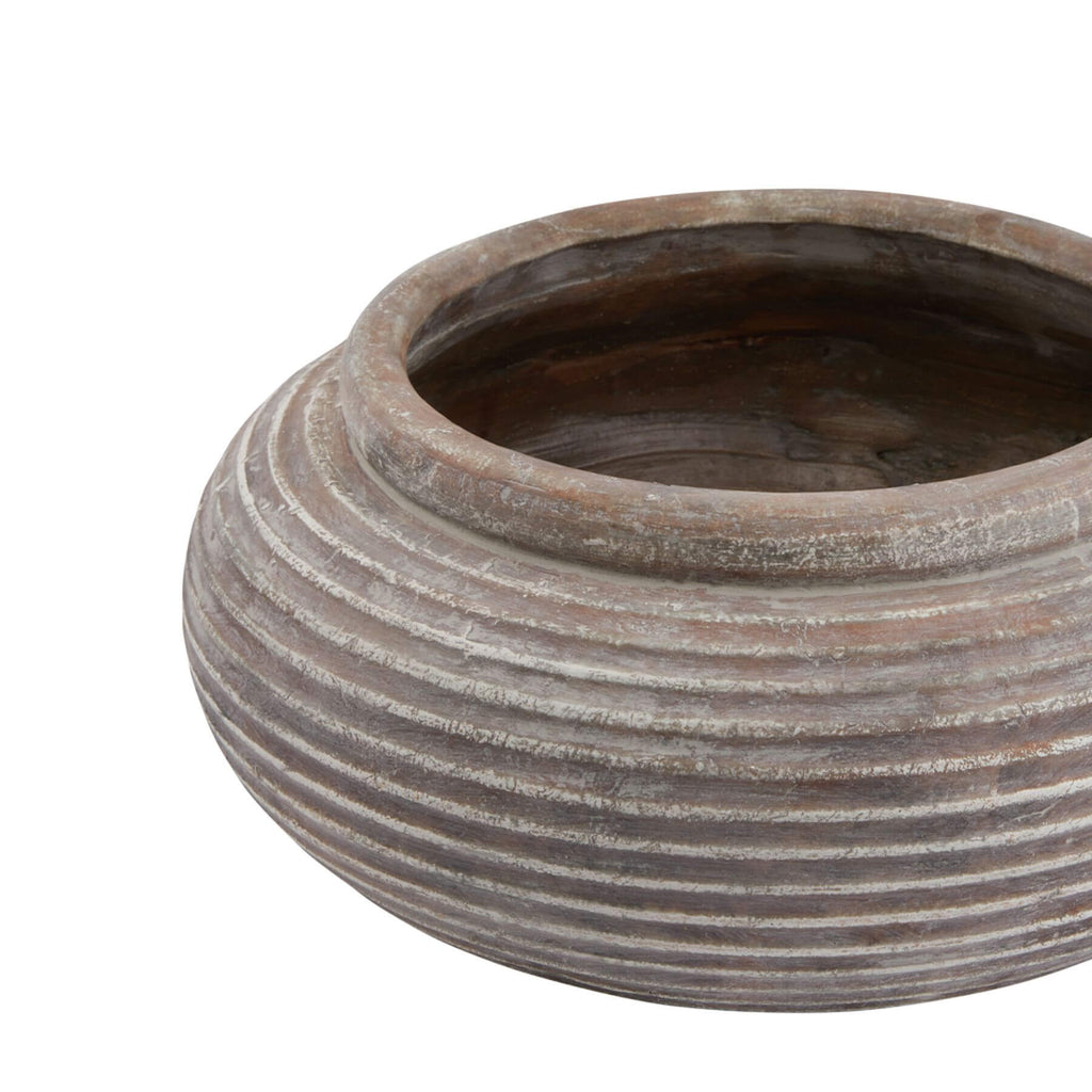 Round ribbed ceramic planter in rich brown, horizontal texture, 41cm diameter, for indoor or outdoor plants by Sostter at brixbailey.com