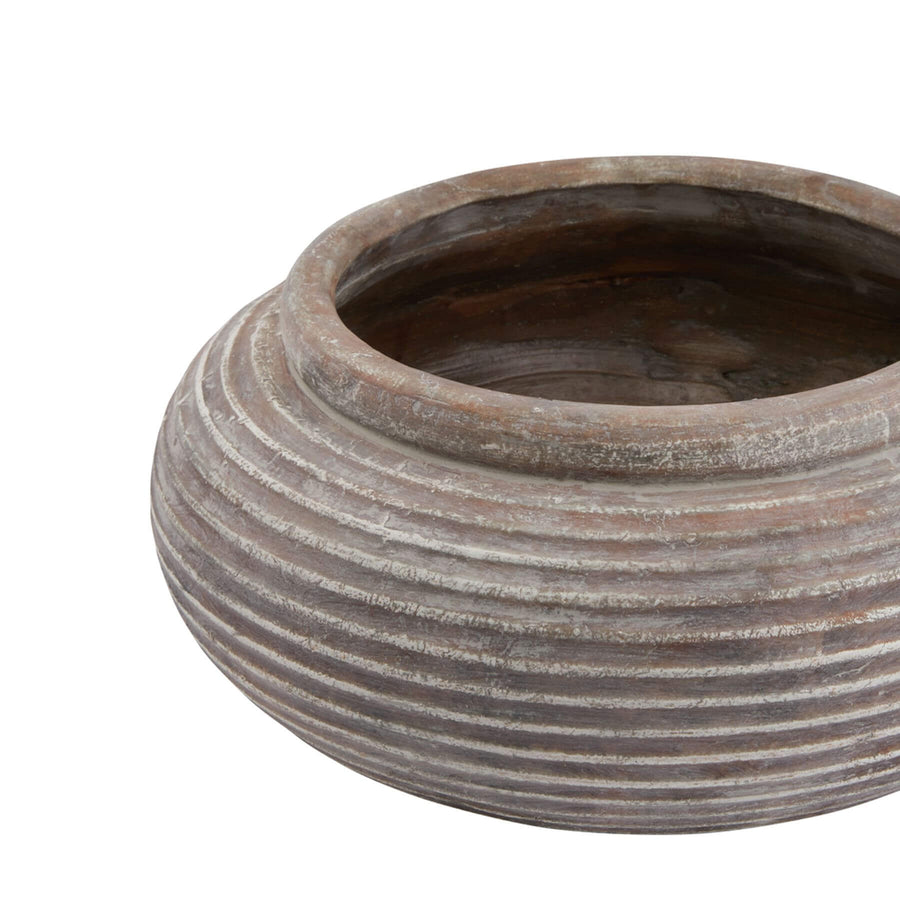 Round ribbed ceramic planter in rich brown, horizontal texture, 41cm diameter, for indoor or outdoor plants by Sostter at brixbailey.com