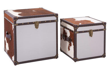Brown and White Cowhide Storage Trunk Set with Leather Trim